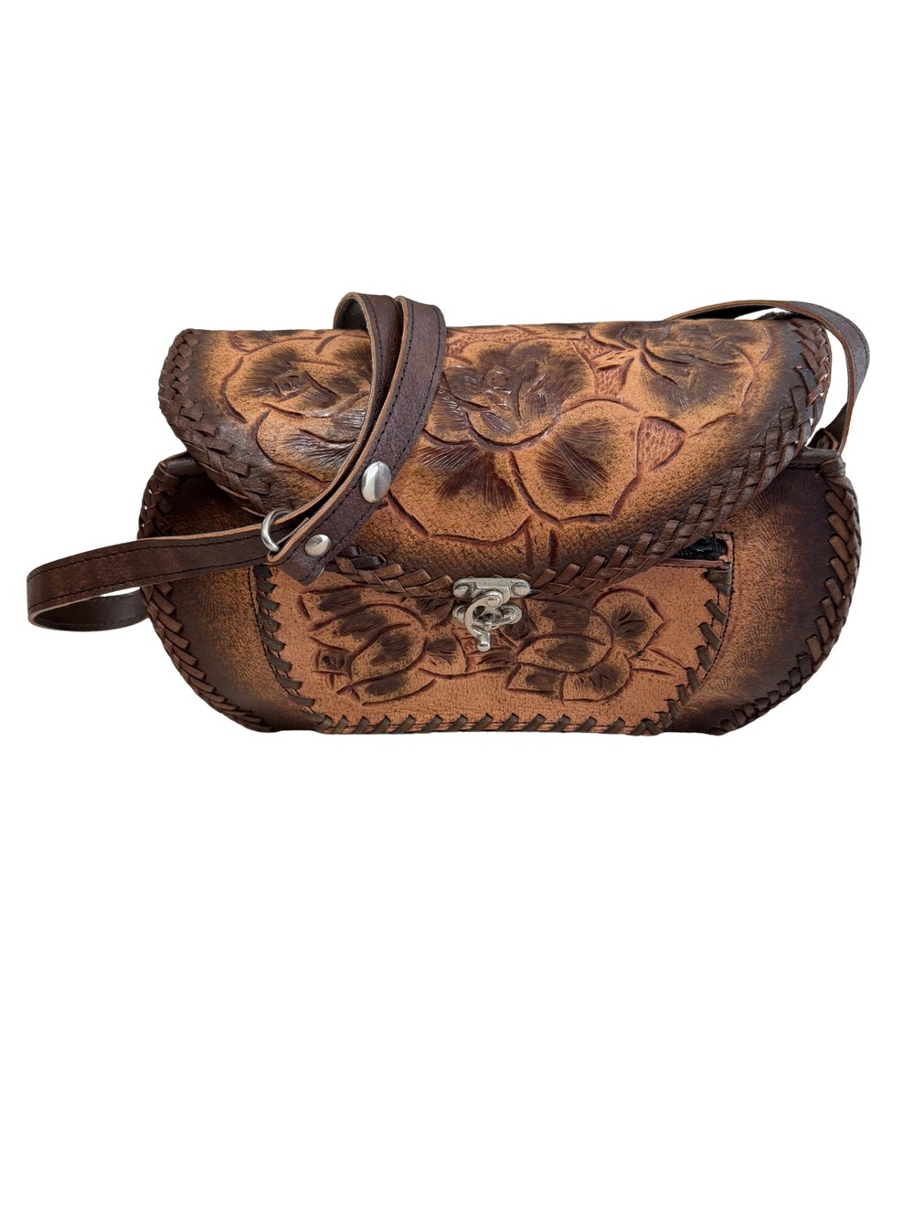 Hand-Tooled Brown Leather Floral Crossbody Bag